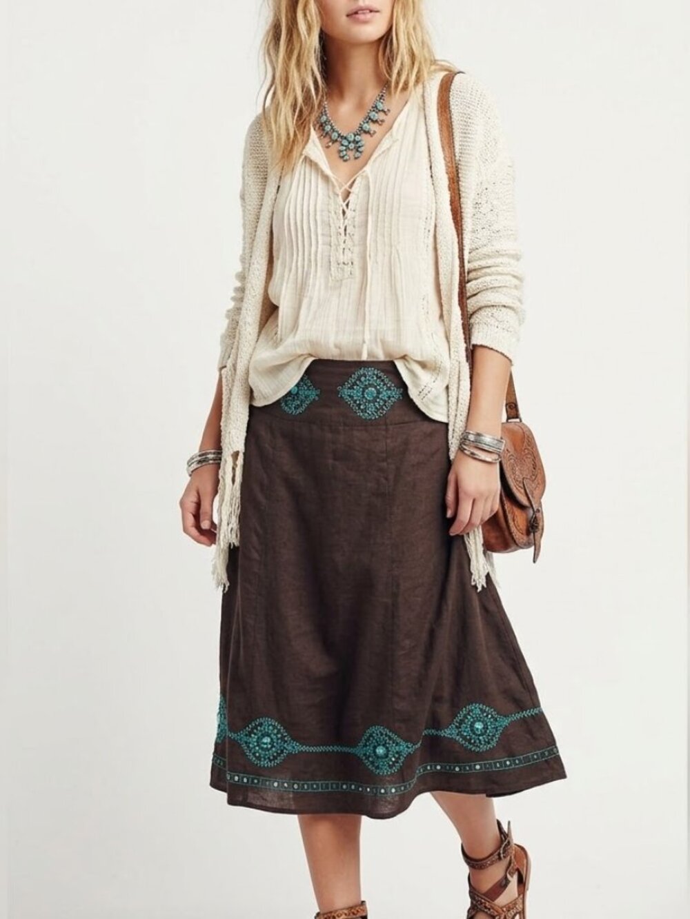 Vtg Saint Tropez West Linen Blend Midi Skirt Embroidered size 18 Bejeweled Boho